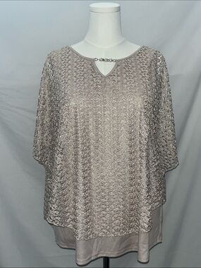 Women's Shimmery Ivory-Taupe Short Sleeve Blouse with Decorative Neck